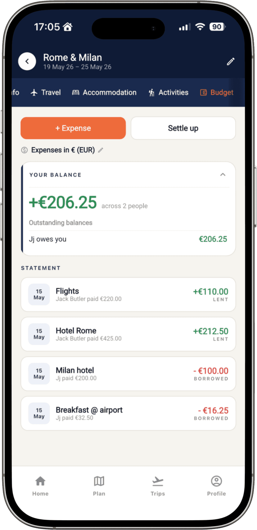 Expense splitting in the Trips Together app