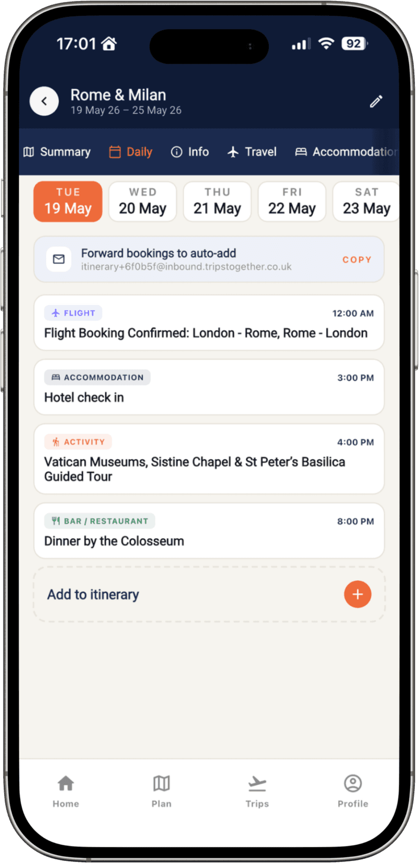 Shared trip itinerary in the Trips Together app