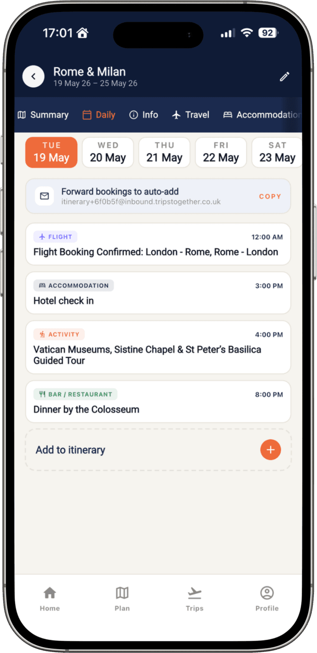 Trips Together app — itineraries